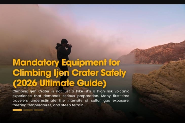 Climbers hiking Ijen Crater at night with headlamps and safety gear to see blue fire