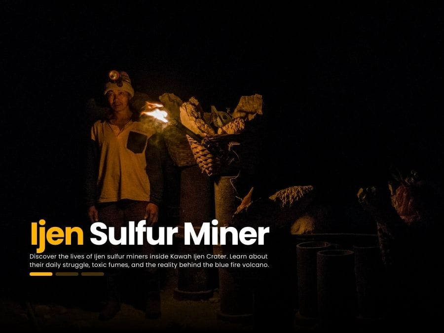 Ijen sulfur miner carrying heavy sulfur baskets inside Kawah Ijen crater
