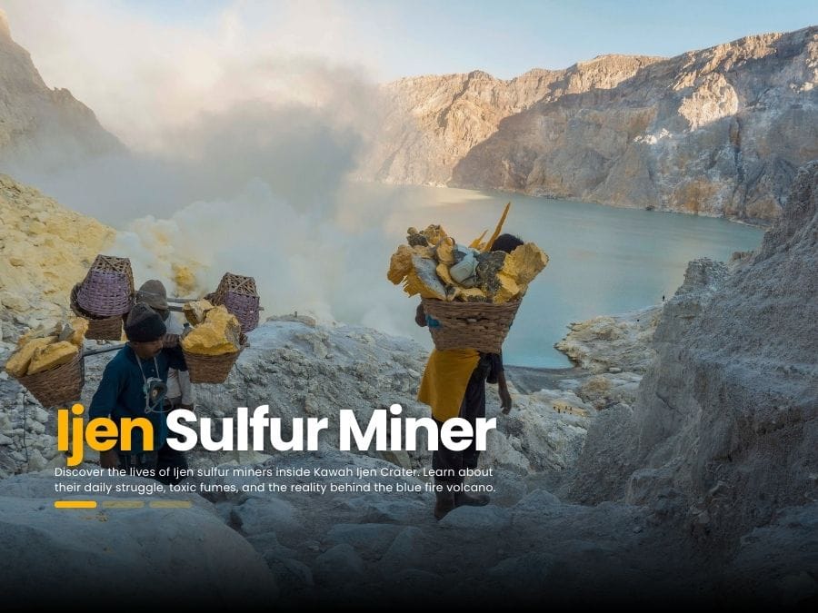Ijen sulfur miner carrying 90kg sulfur basket uphill