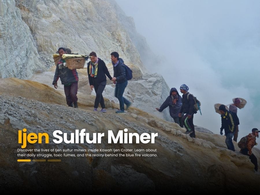 Silhouette of Ijen sulfur miner at sunrise