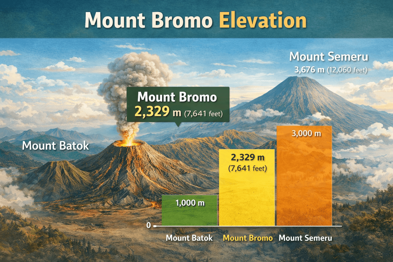 Mount Bromo elevation illustration showing the volcano at 2,329 meters above sea level in East Java, Indonesia
