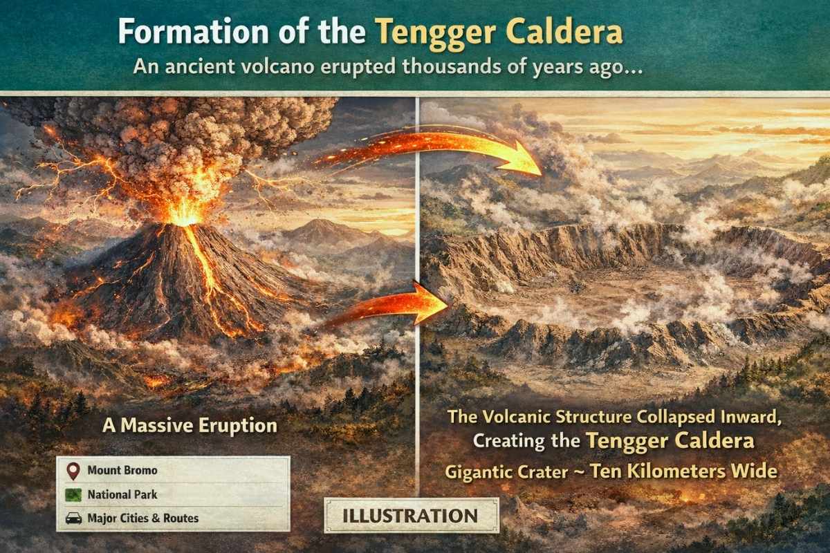 Illustration showing the formation of the Tengger Caldera in East Java after a massive volcanic eruption that caused the ancient volcano to collapse and create a giant crater about 10 kilometers wide