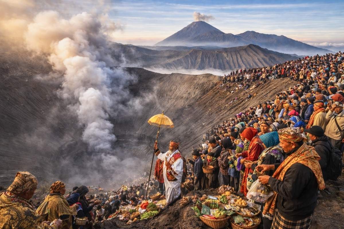 The Tengger community performs the Kasada festival by throwing offerings into the crater of Mount Bromo.