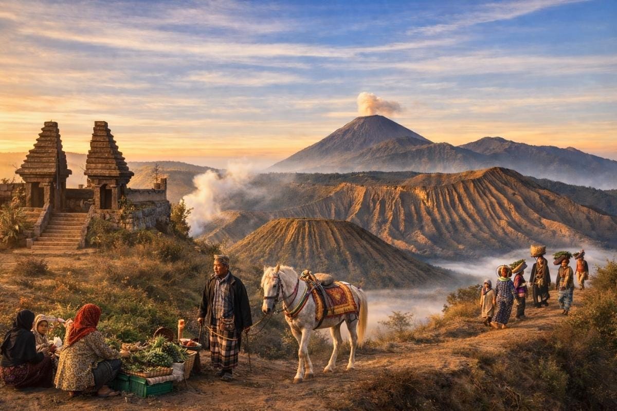 Tengger people performing offerings during the Kasada festival at Mount Bromo crater