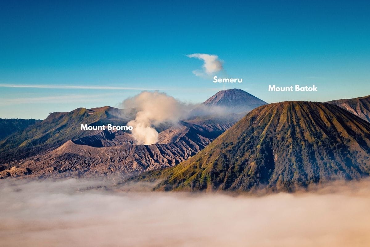 Mount Bromo and Mount Batok volcanic cones inside the Tengger caldera in East Java