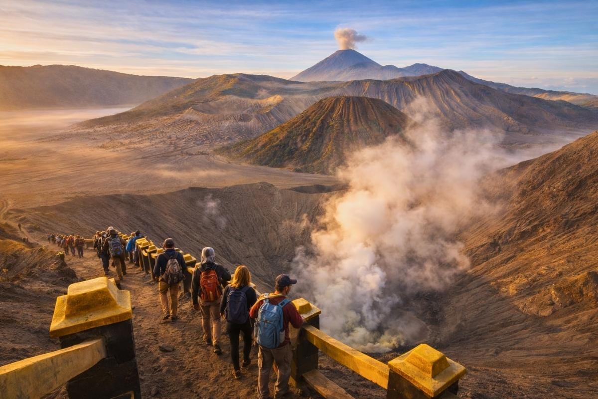 Visitors climbing the stairs leading to the rim of Mount Bromo crater in East Java Indonesia