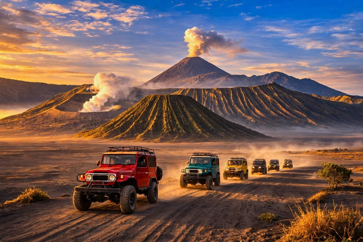 Jeep crossing the Sea of Sand during a Mount Bromo sunrise tour in East Java