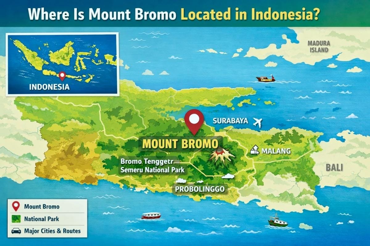 Map showing the location of Mount Bromo in East Java, Indonesia inside Bromo Tengger Semeru National Park