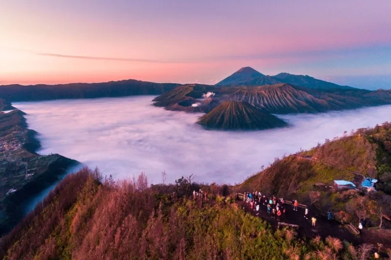 Mount Bromo sunrise viewpoint panorama in Bromo Tengger Semeru National Park East Java
