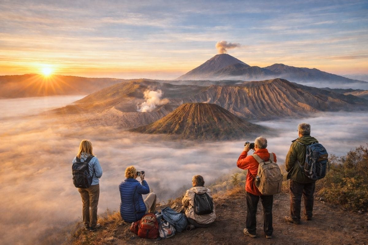 Mount Bromo sunrise with Mount Batok and Mount Semeru seen from Penanjakan viewpoint