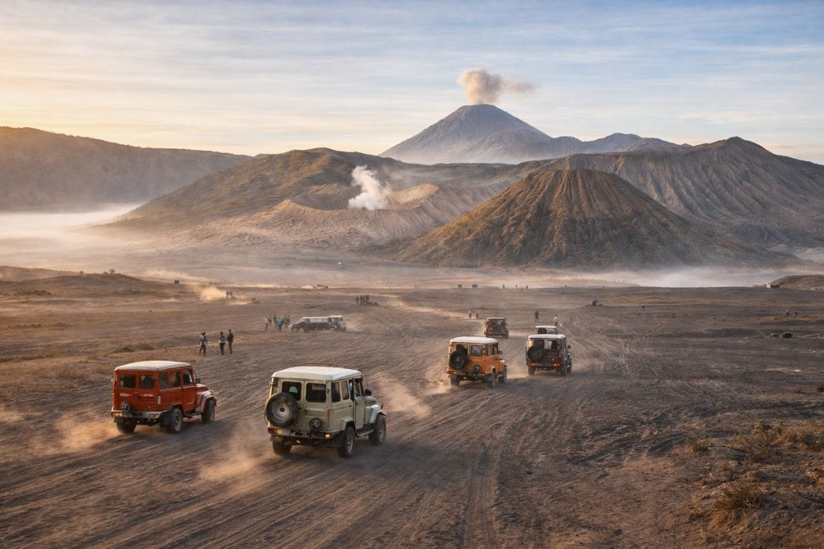 The Sea of Sand volcanic desert surrounding Mount Bromo in Bromo Tengger Semeru National Park