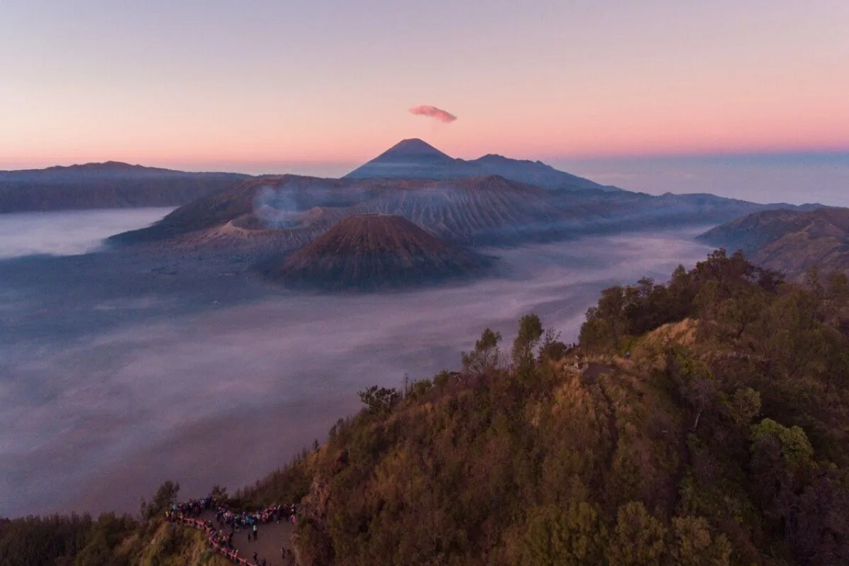 The vast Tengger caldera landscape surrounding Mount Bromo in East Java Indonesia