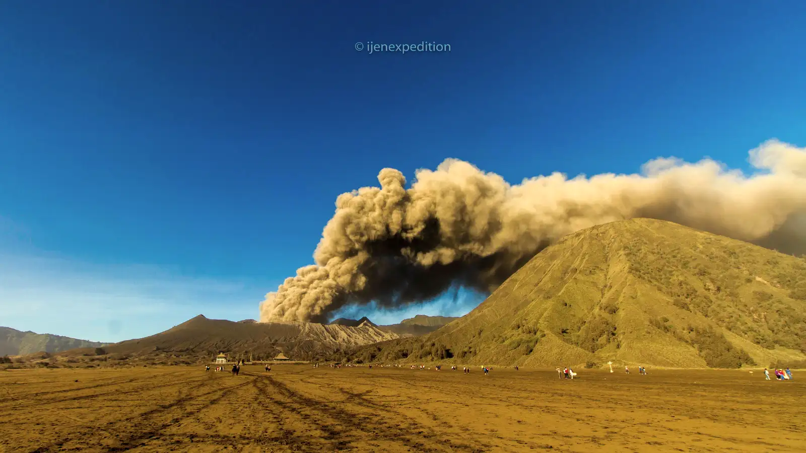 Looking into the steaming active crater of Mount Bromo