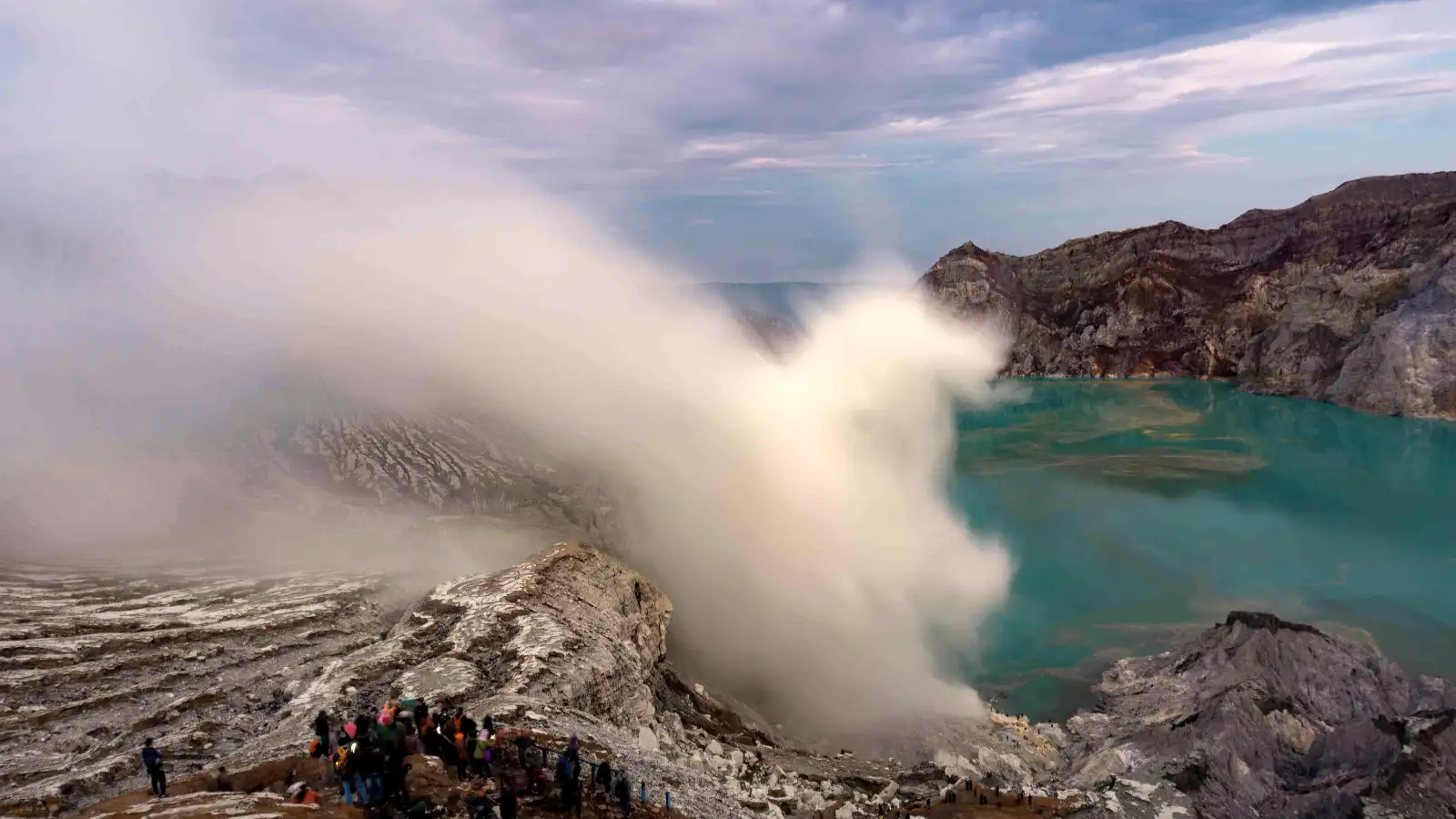Stunning view of the acidic turquoise lake at Ijen Crater in East Java