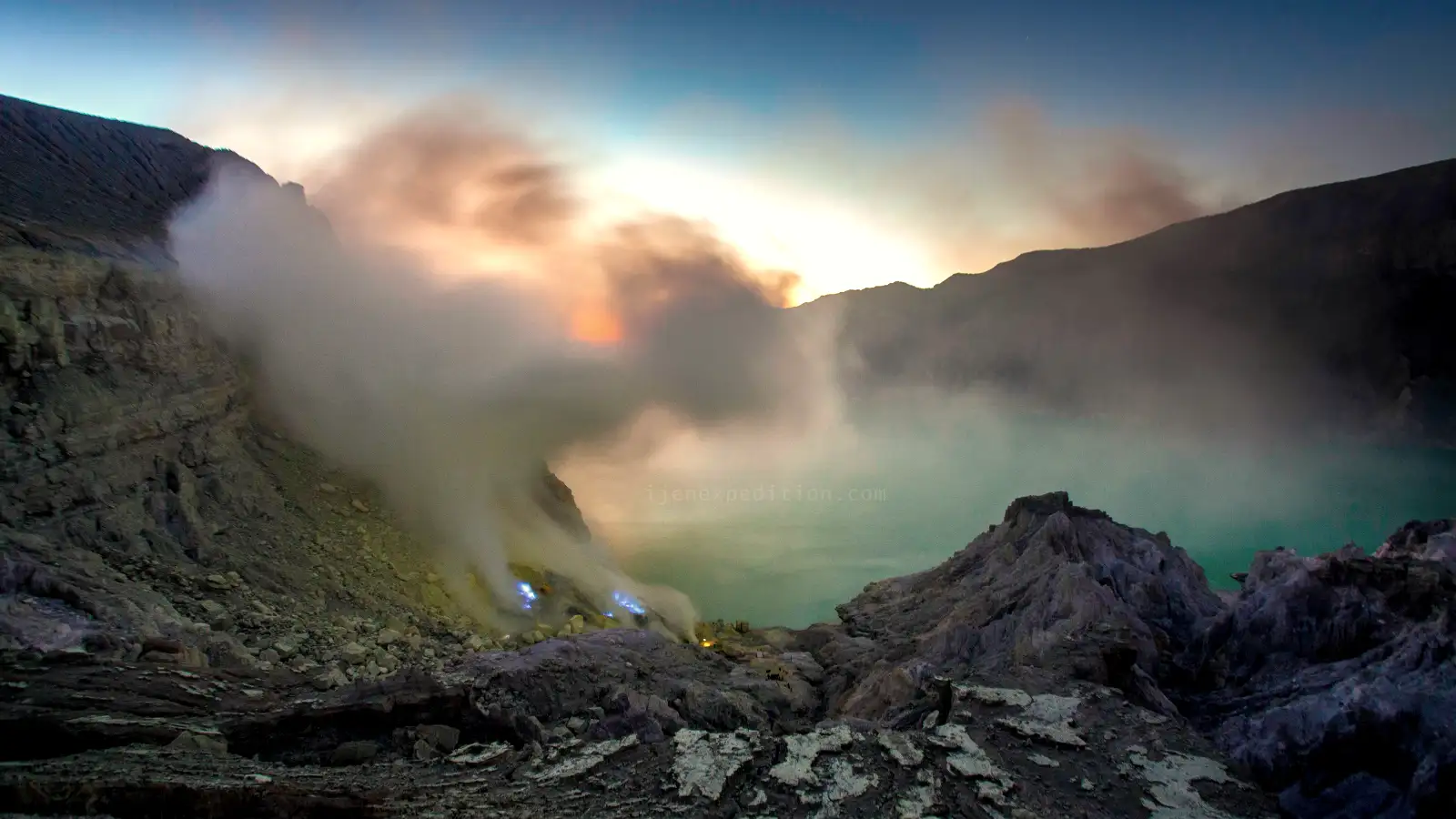 Vibrant Sulfur Fumes at Ijen Crater Rim Sulfur clouds and volcanic gas at Ijen Crater rim during sunrise