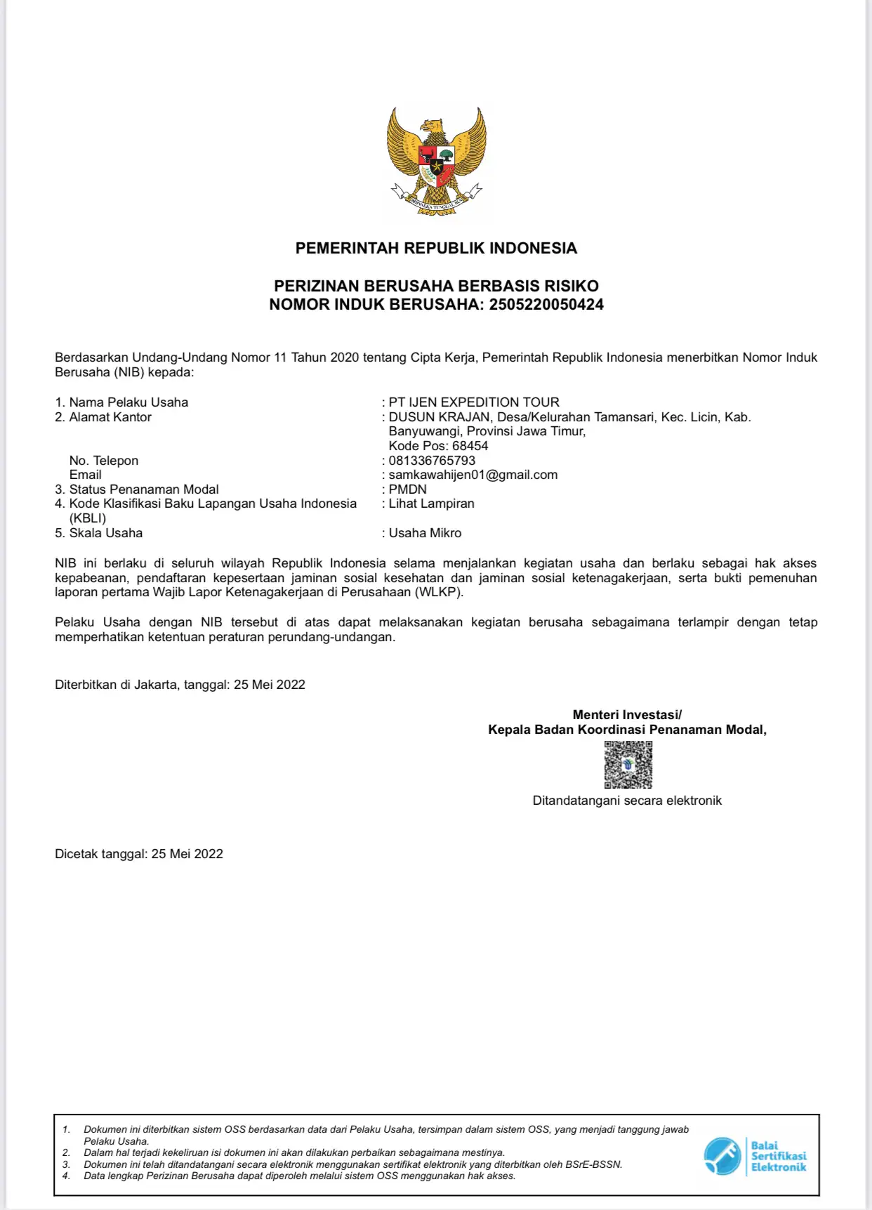 Legal and Registered Operator Business registration certificate of Ijen Expedition