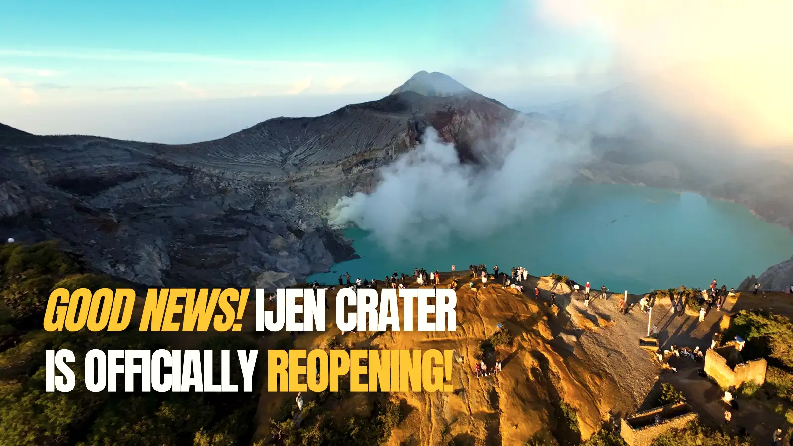 Ijen Crater Reopening Official Update Aerial view of Ijen Crater turquoise lake and hiking trails in East Java