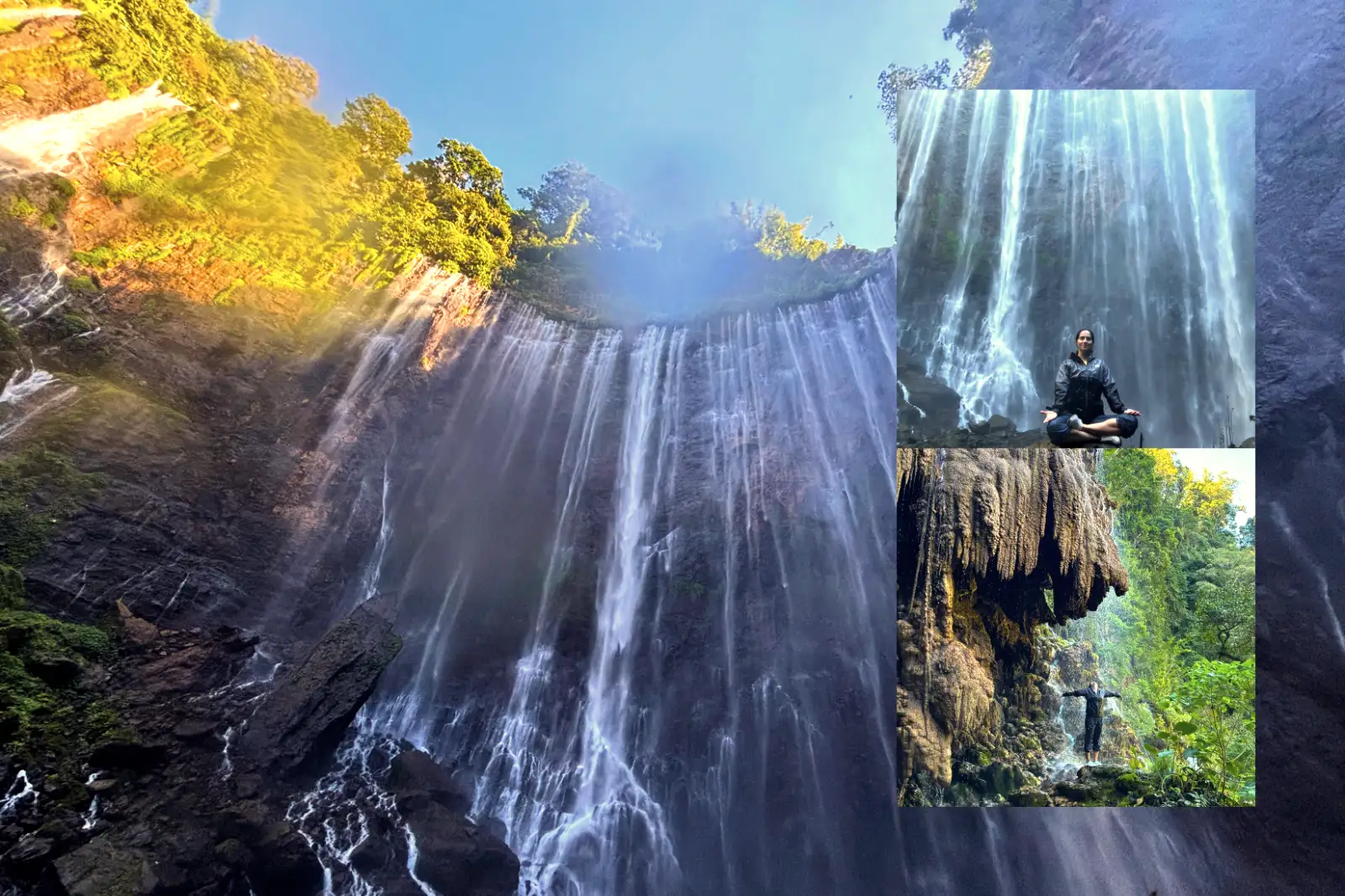 Tumpak Sewu Valley Floor Perspective Adventurer standing at the base of Tumpak Sewu Waterfall